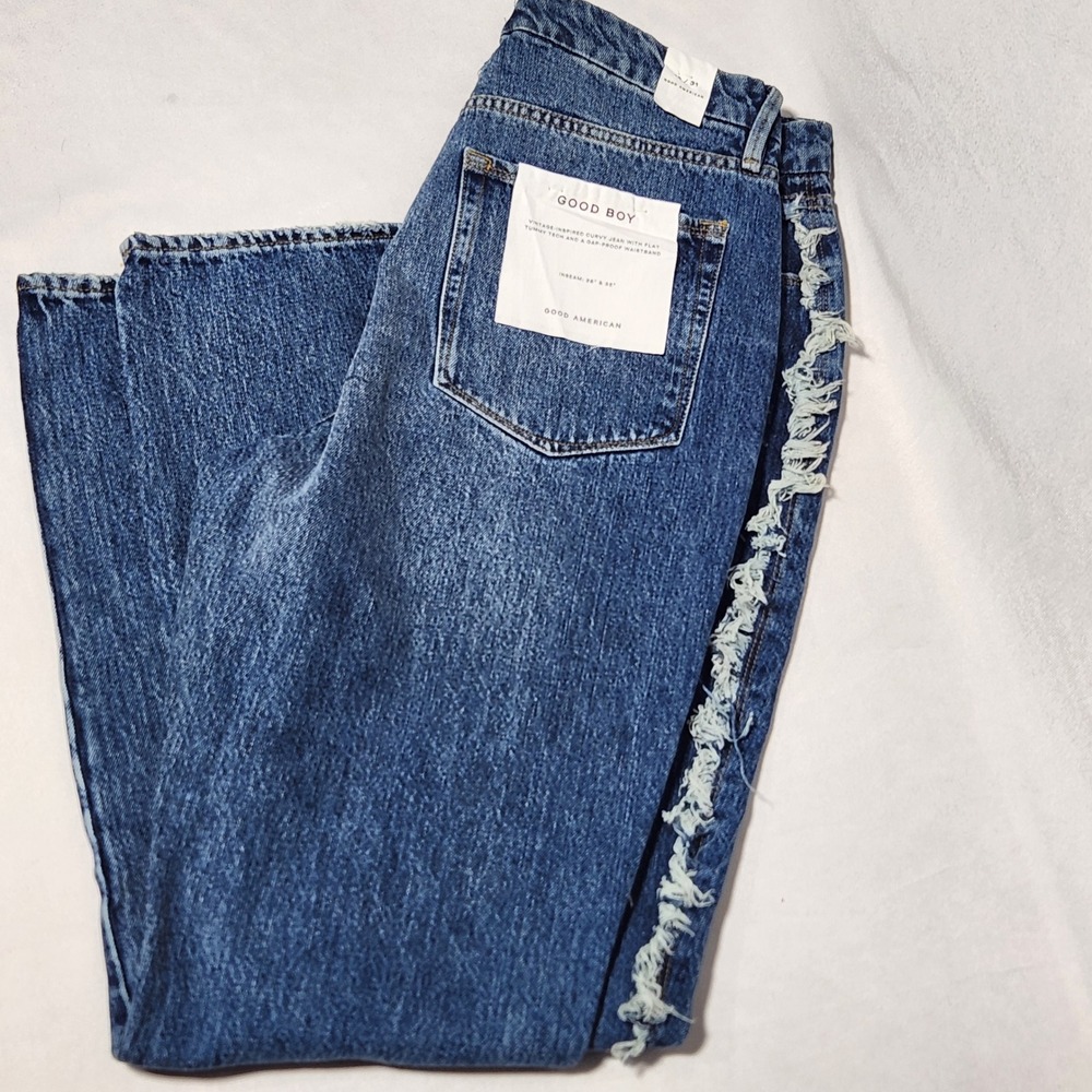 Good American Good Boy Side Fray‎ High Rise Straight Leg Jeans Blue 12/31 NEW
